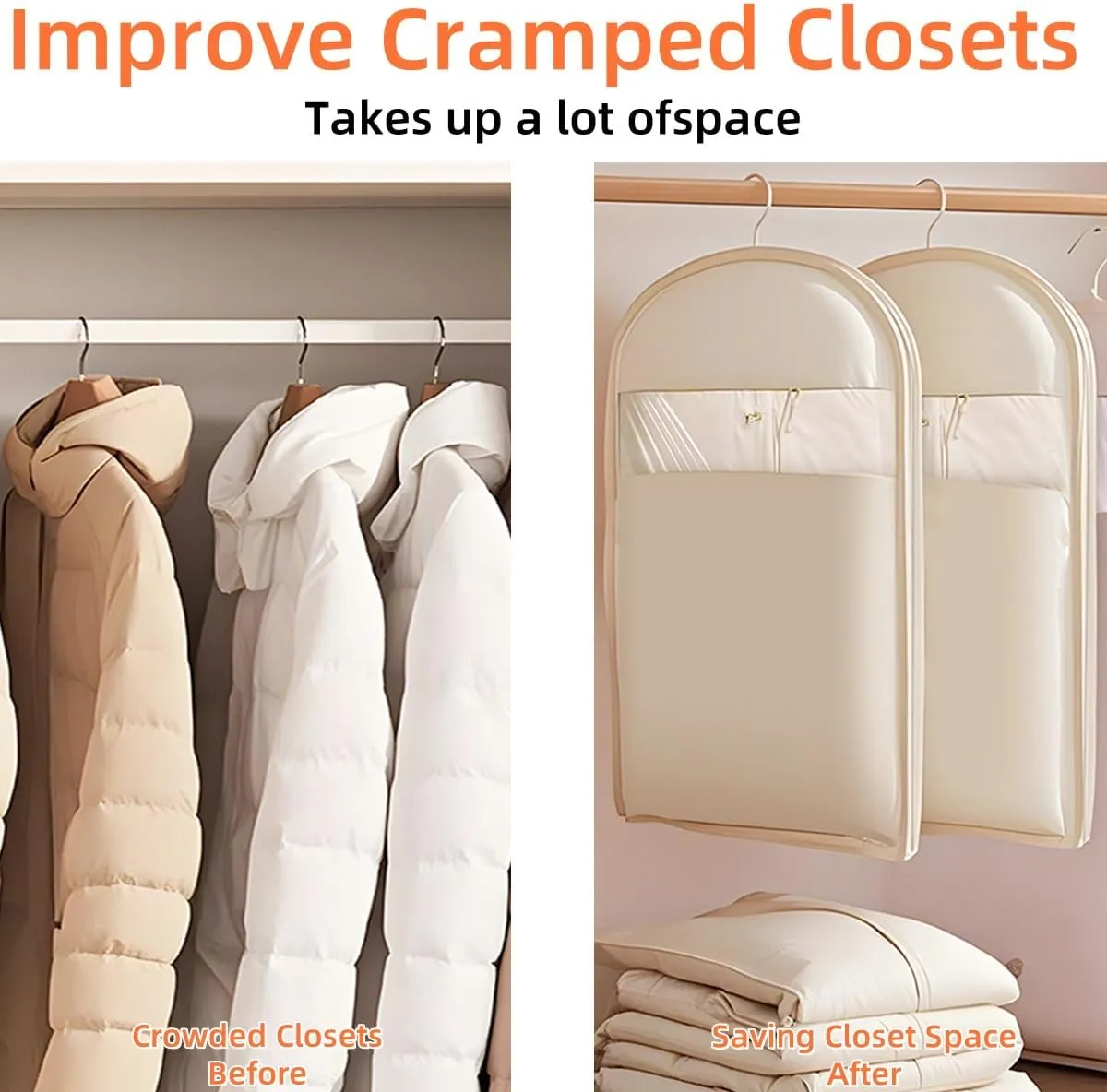 Space Saving Hanging Garment Bag with Self Compression Zipper, Space Saving Garment Bags, 3 sizes for Closet Storage (Beige,XL)