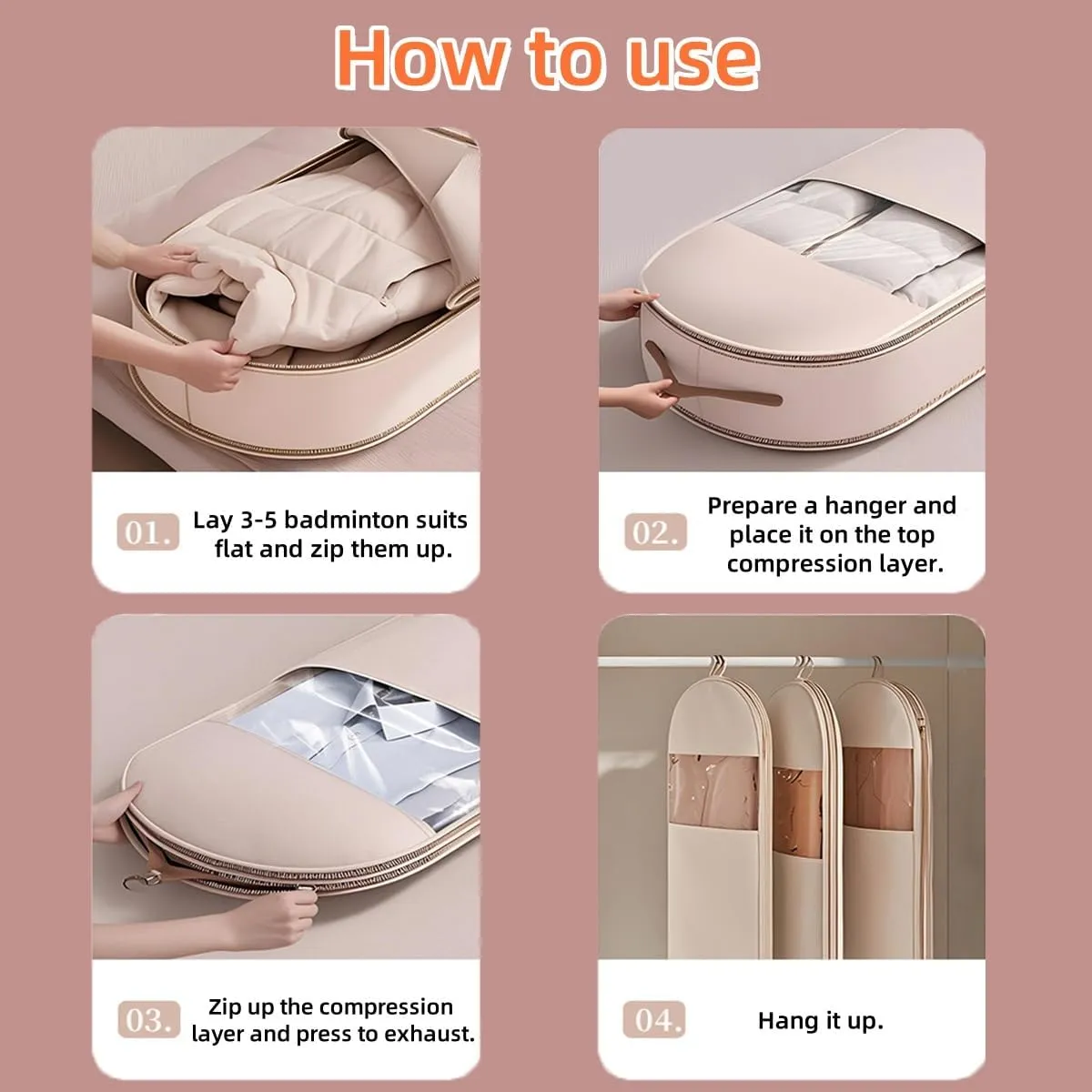 Space Saving Hanging Garment Bag with Self Compression Zipper, Space Saving Garment Bags, 3 sizes for Closet Storage (Beige,XL)