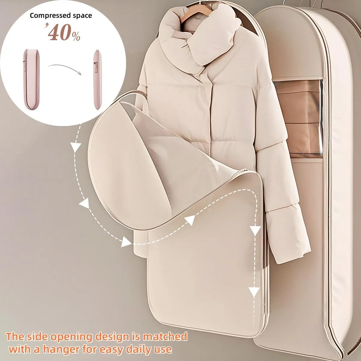 Space Saving Hanging Garment Bag with Self Compression Zipper, Space Saving Garment Bags, 3 sizes for Closet Storage (Beige,XL)