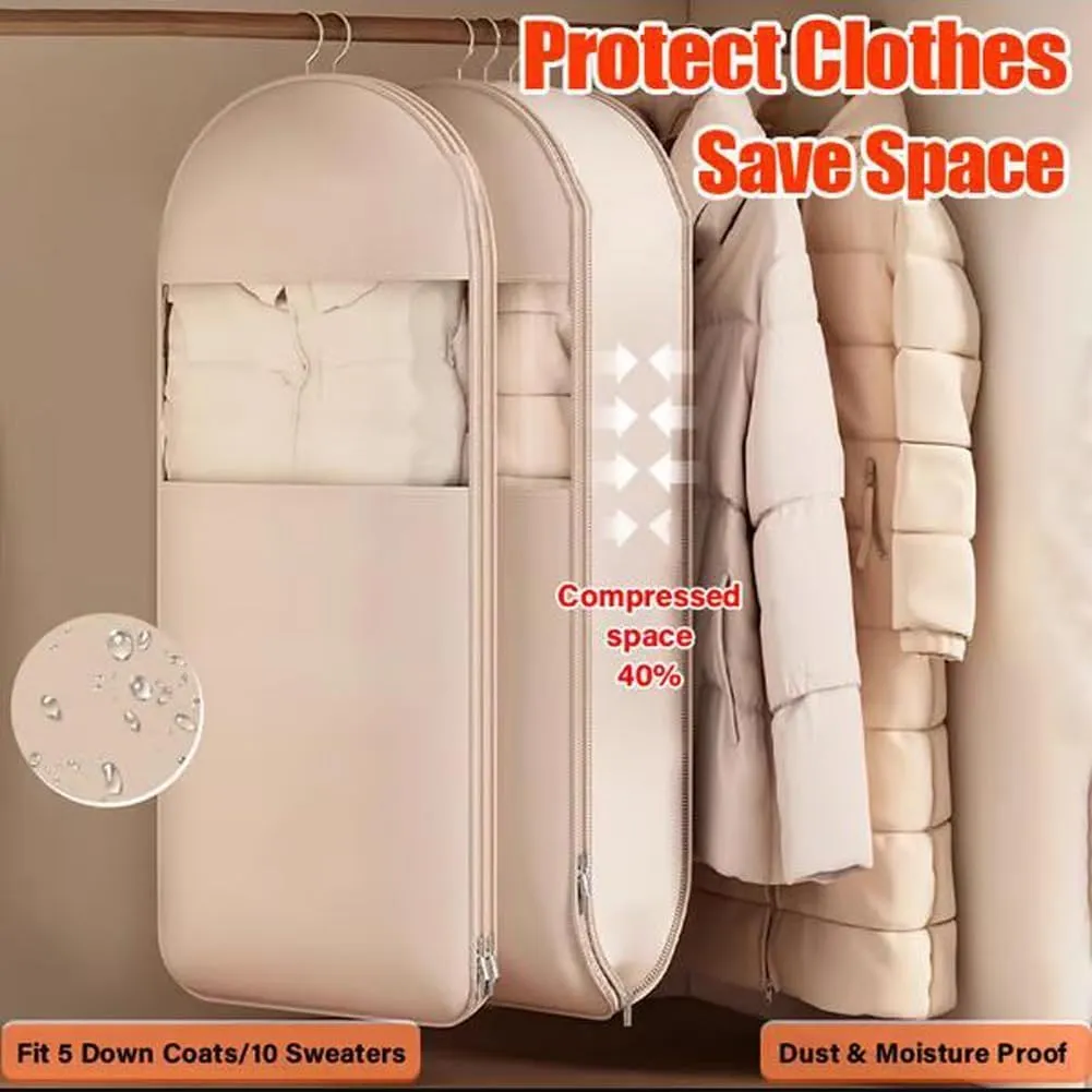 Space Saving Hanging Garment Bag with Self Compression Zipper, Space Saving Garment Bags, Transparent Visibility for down Coat Closet Storage (Pink, S)