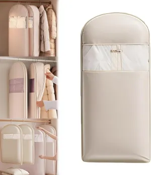 Space Saving Hanging Garment Bag with Self Compression Zipper, Space Saving Garment Bags, Winter Coat Storage, Dust Cover Clothes Bags for Down Coat (Beige, s)
