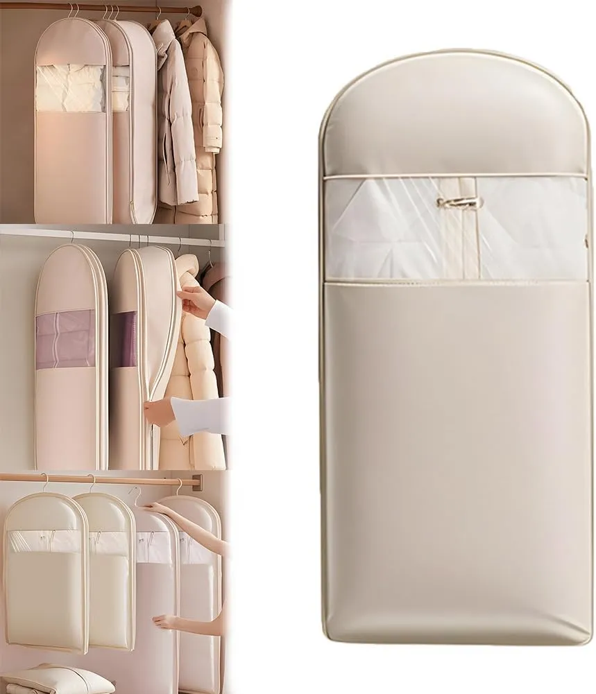 Space Saving Hanging Garment Bag with Self Compression Zipper, Space Saving Garment Bags, Winter Coat Storage, Dust Cover Clothes Bags for Down Coat (Beige, s)