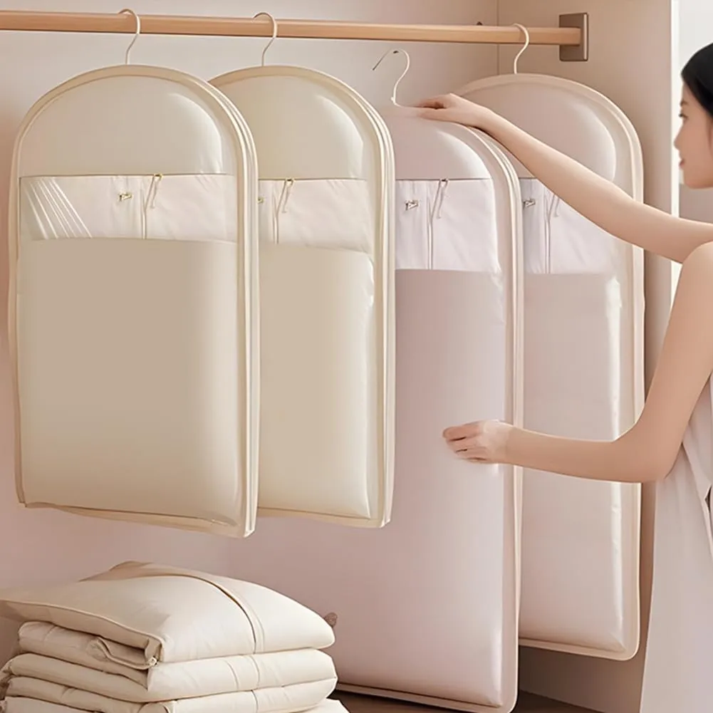 Space Saving Hanging Garment Bag with Self Compression Zipper, Space Saving Garment Bags, Winter Coat Storage, Dust Cover Clothes Bags for Down Coat (Beige, s)