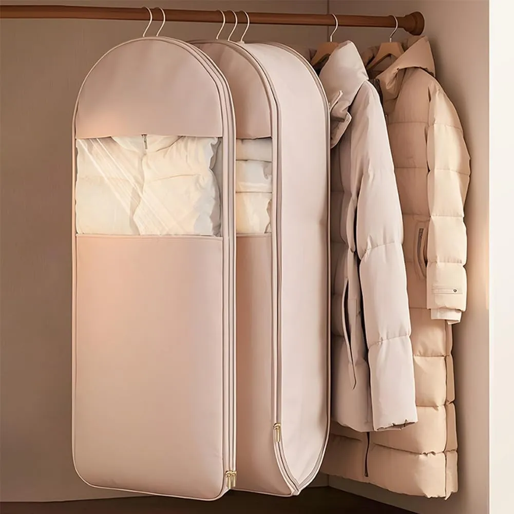 Space Saving Hanging Garment Bag with Self Compression Zipper, Space Saving Garment Bags, Winter Coat Storage, Dust Cover Clothes Bags for Down Coat (Beige, s)