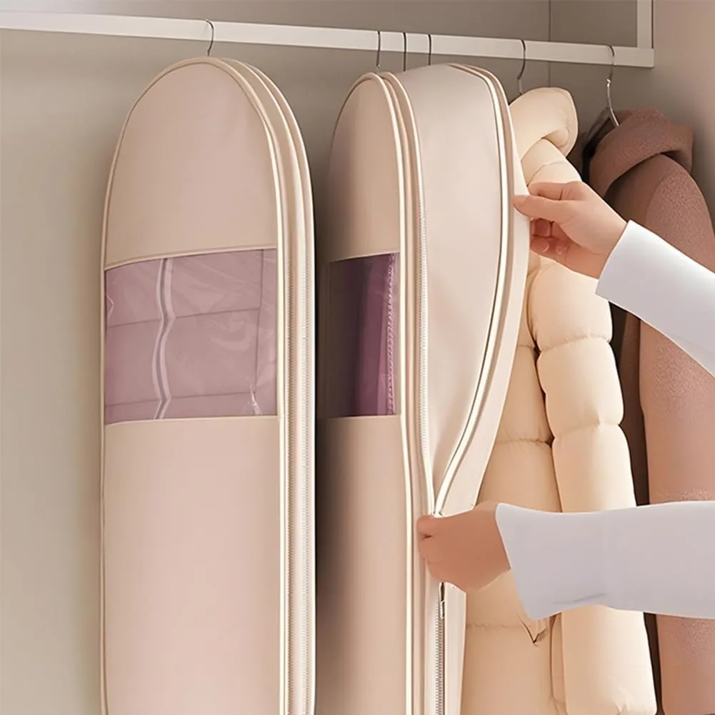 Space Saving Hanging Garment Bag with Self Compression Zipper, Space Saving Garment Bags, Winter Coat Storage, Dust Cover Clothes Bags for Down Coat (Beige, s)