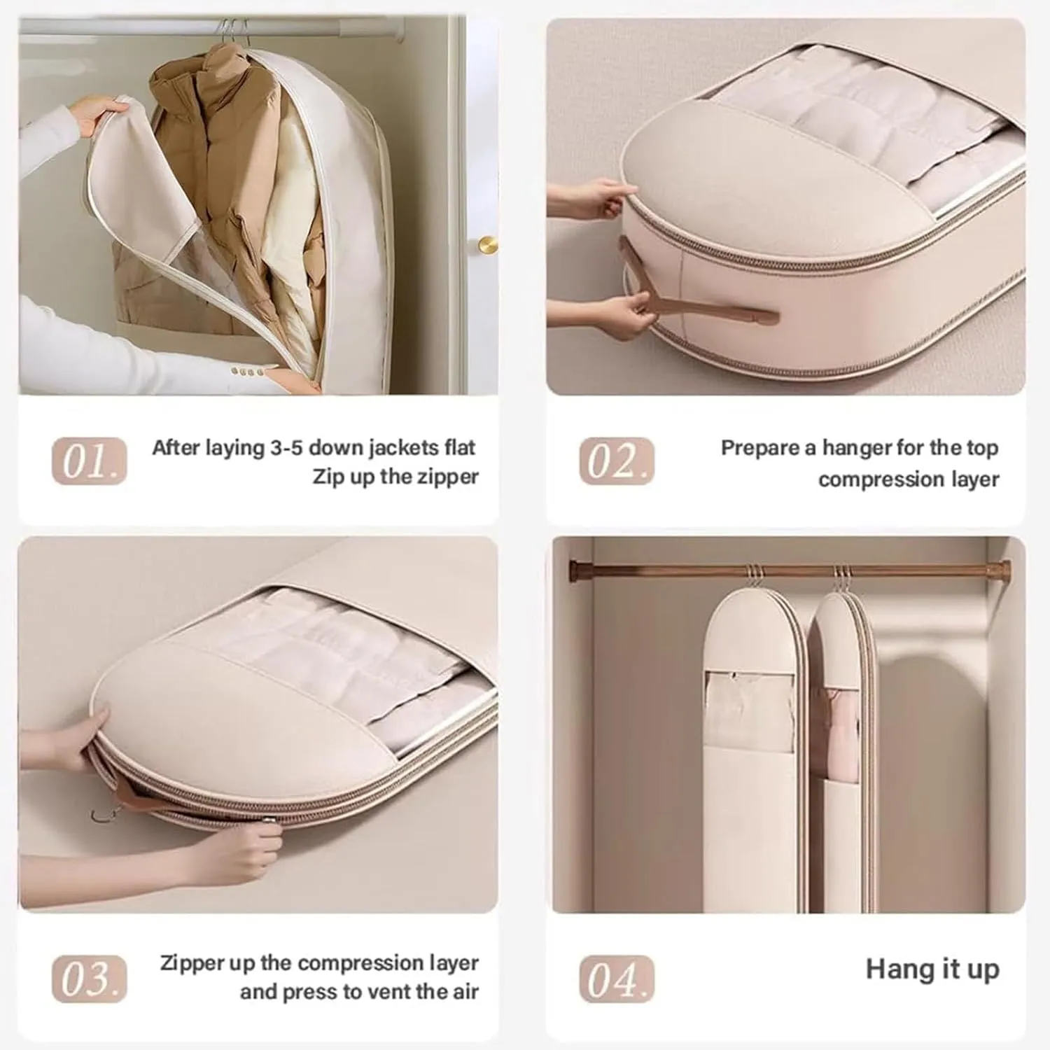 Space Saving Hanging Garment Bag with Self Compression Zipper, Space Saving Hanging Garment Bags, Down Coat Compression Dust Cover (Light Pink,M)