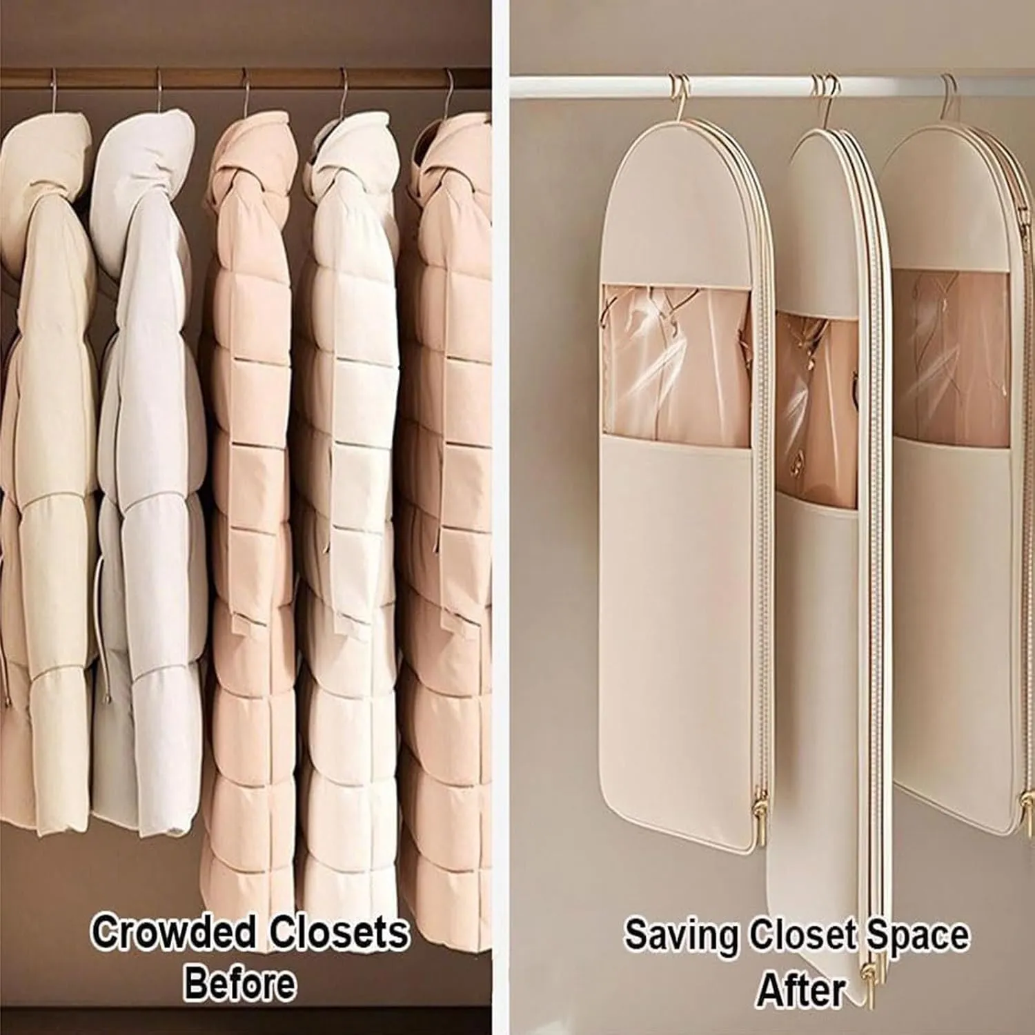 Space Saving Hanging Garment Bag with Self Compression Zipper, Space Saving Hanging Garment Bags, Down Coat Compression Dust Cover (Light Pink,M)