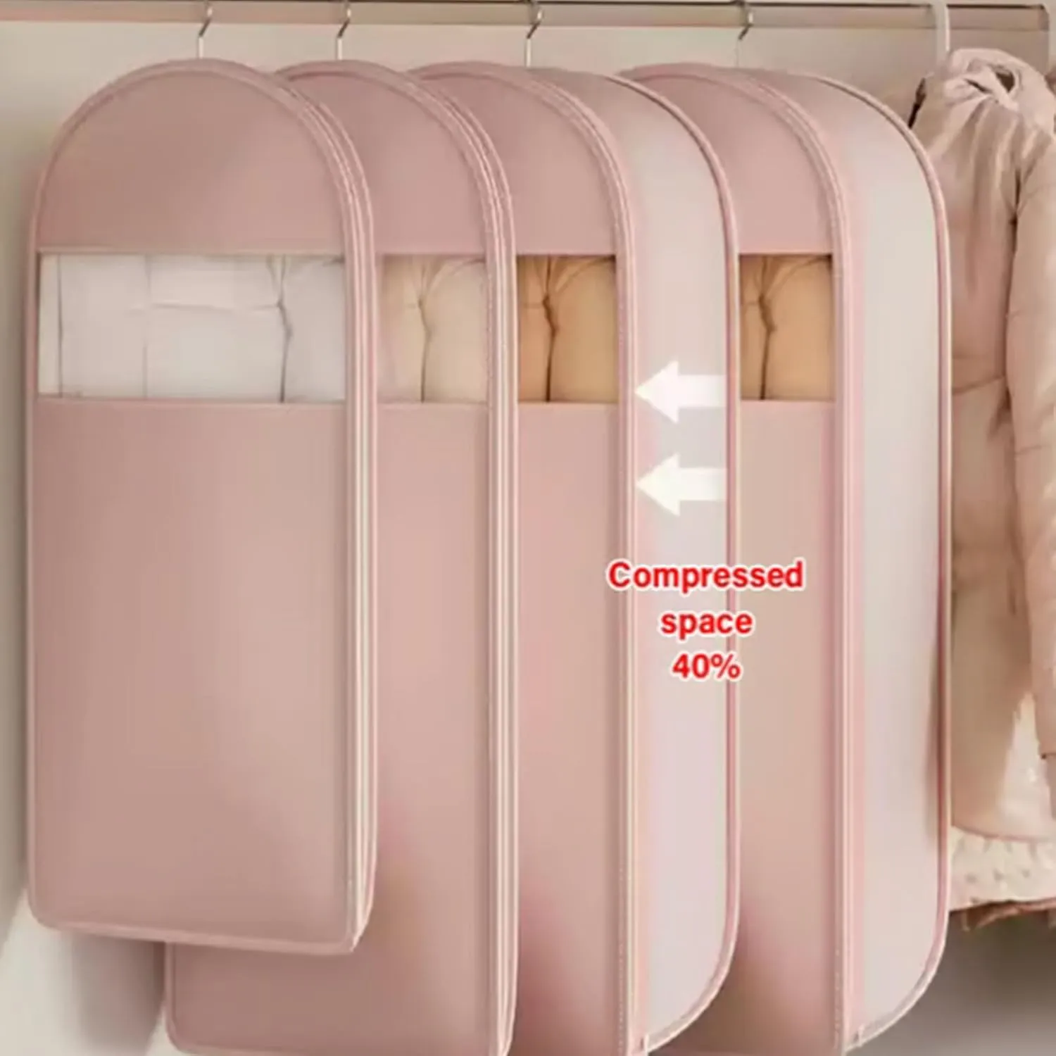 Space Saving Hanging Garment Bag with Self Compression Zipper, Space Saving Hanging Garment Bags, Down Coat Compression Dust Cover (Light Pink,M)