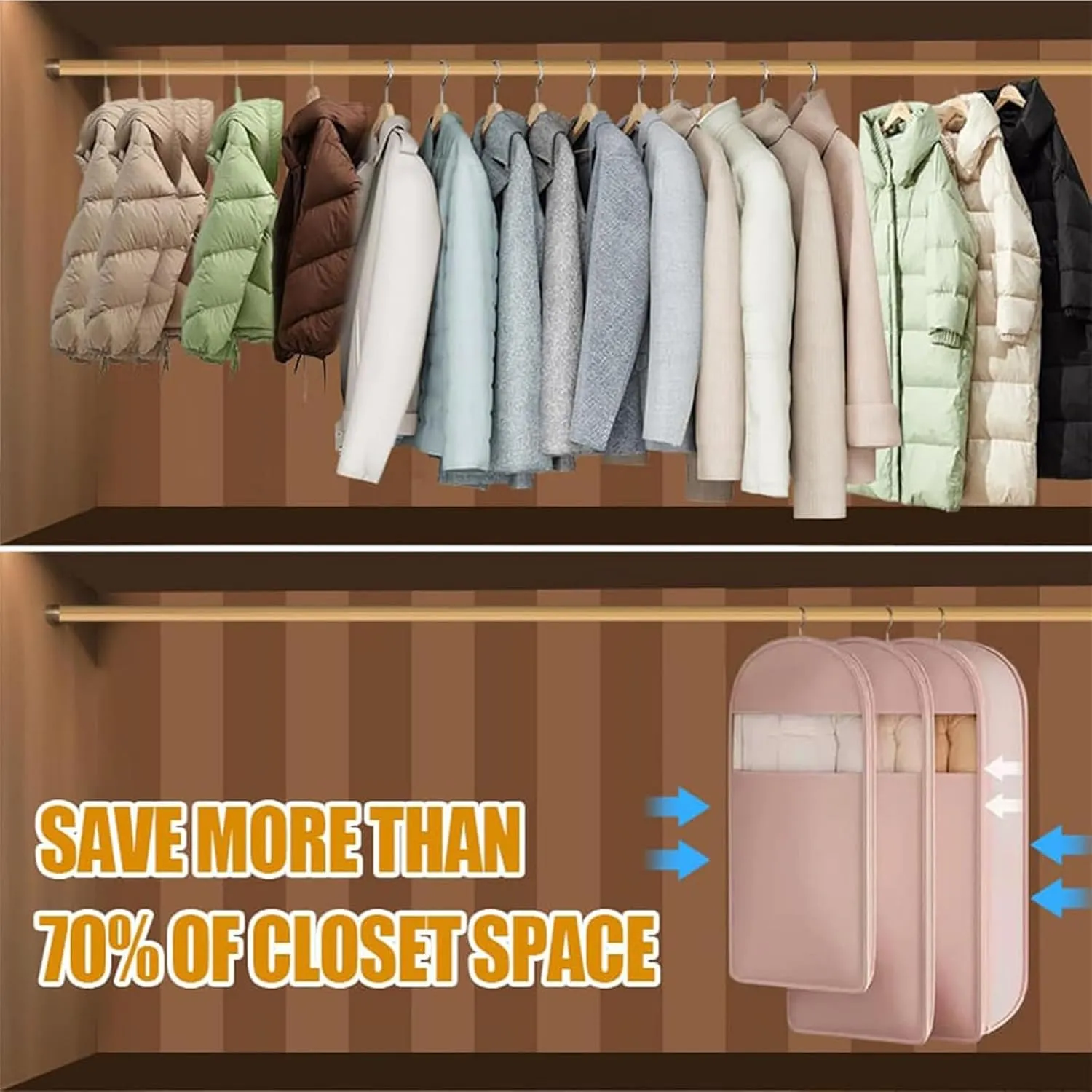 Space Saving Hanging Garment Bag with Self Compression Zipper, Space Saving Hanging Garment Bags, Down Coat Compression Dust Cover (Light Pink,M)
