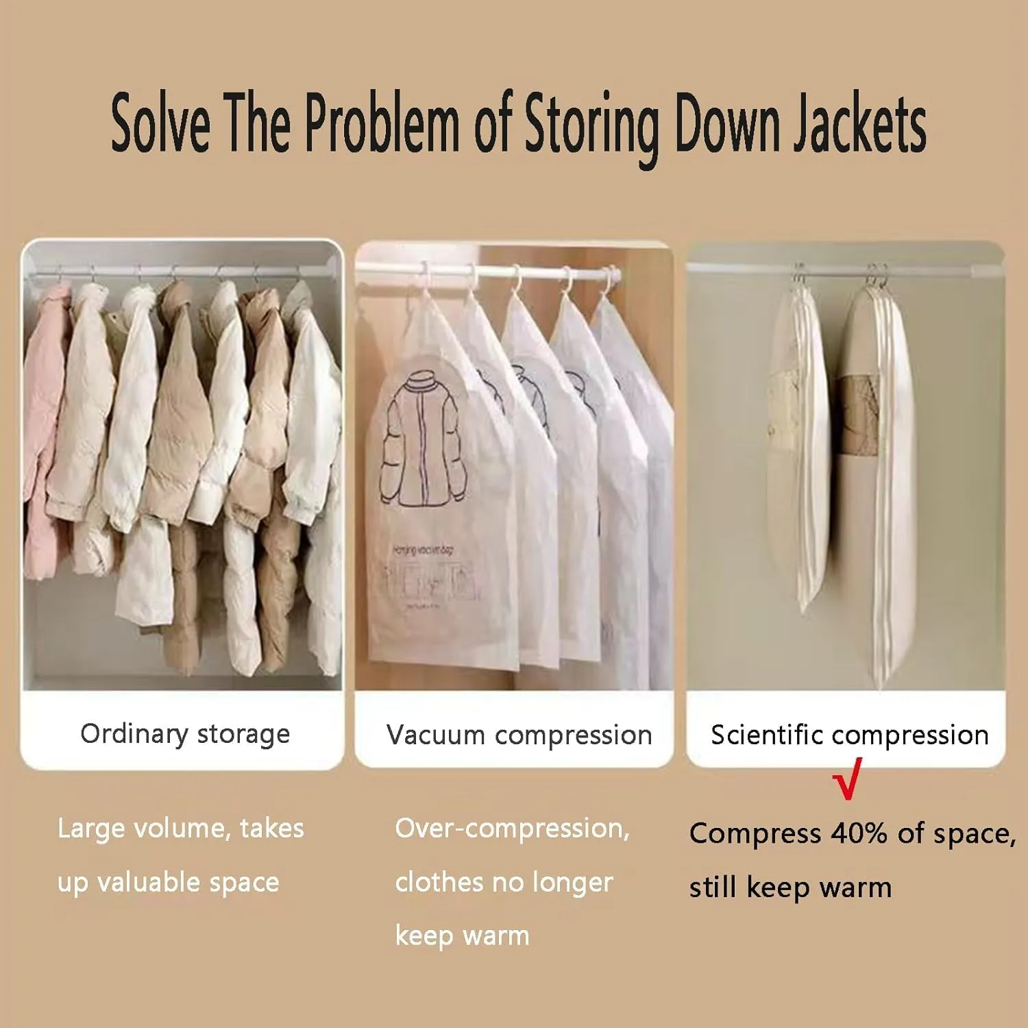 Space Saving Hanging Garment Bag with Self Compression Zipper, Space Saving Hanging Protector, Down Coat Compression Dust Cover Clothes Bags for Closet Storage (Pink,XL)