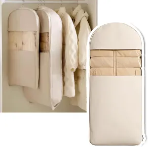 Space Saving Hanging Garment Bag with Self Compression Zipper, Space Saving Hanging Protector, Dust Cover Clothes Bags for Down Coat (Beige,M)