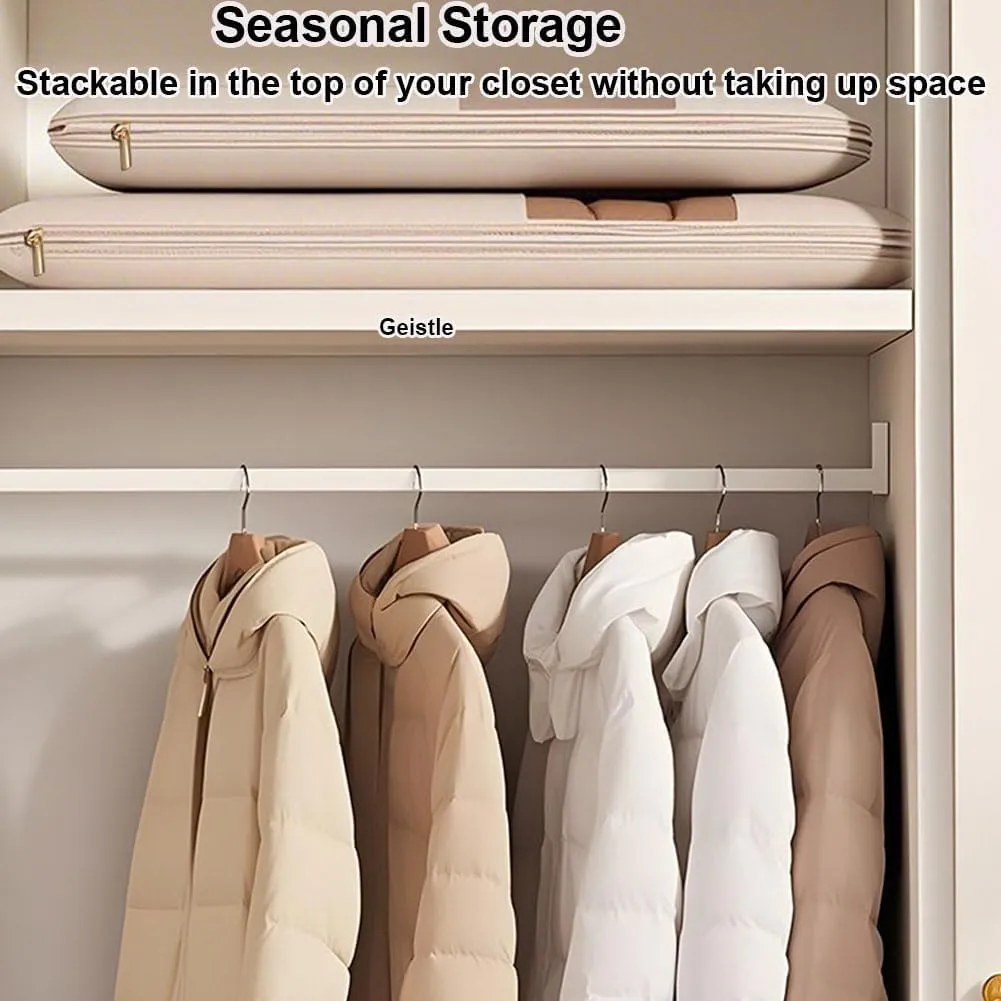Space Saving Hanging Garment Bag with Self Compression Zipper, Space Saving Hanging Protector, Dust Cover Clothes Bags for Down Coat (Beige,M)