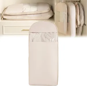 Space Saving Hanging Garment Bag with Self Compression Zipper, Space Saving Hanging Protector for Down Coat, Compression Dust Cover for Closet Storage (Beige-L)