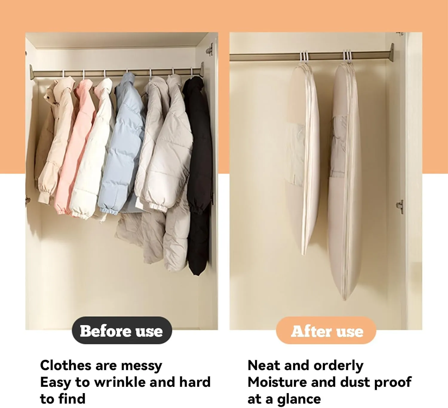 Space Saving Hanging Garment Bag with Self Compression Zipper, Space Saving Hanging Protector for Down Coat, Compression Dust Cover for Closet Storage (Beige-L)