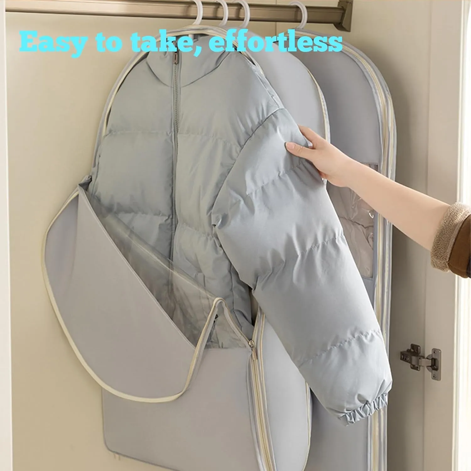 Space Saving Hanging Garment Bag with Self Compression Zipper, Space Saving Hanging Protector for Down Coat, Compression Dust Cover for Closet Storage (Beige-L)