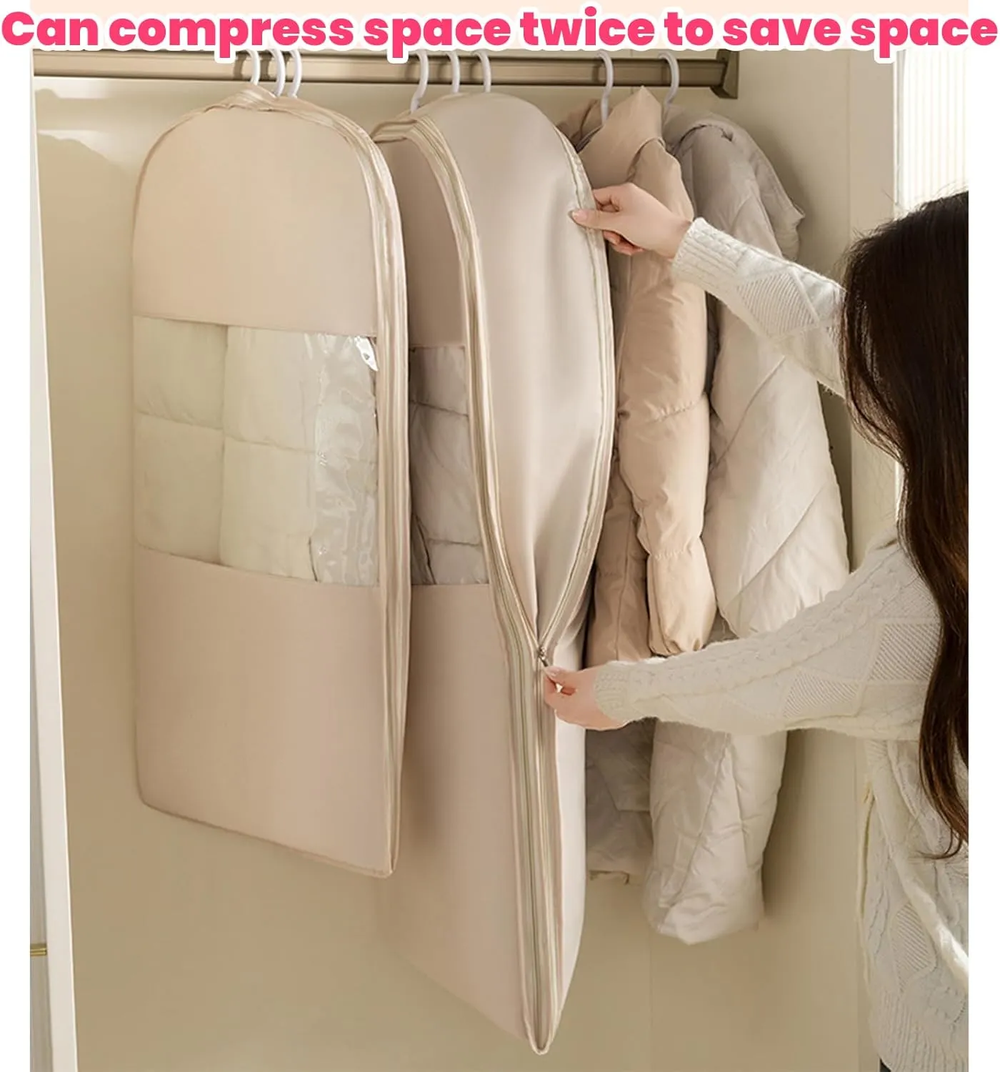 Space Saving Hanging Garment Bag with Self Compression Zipper, Space Saving Hanging Protector for Down Coat, Compression Dust Cover for Closet Storage (Beige-L)