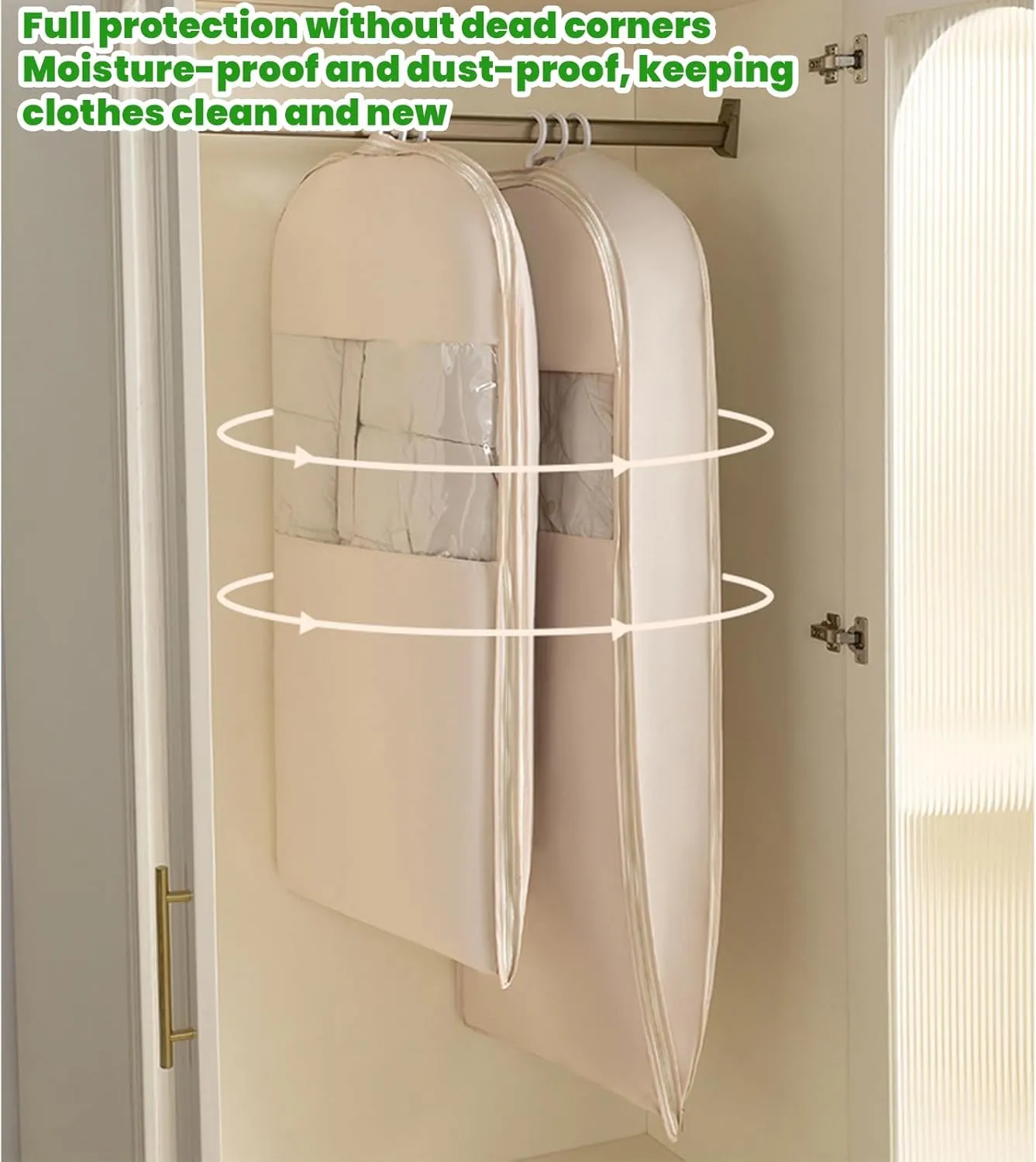 Space Saving Hanging Garment Bag with Self Compression Zipper, Space Saving Hanging Protector for Down Coat, Compression Dust Cover for Closet Storage (Beige-L)