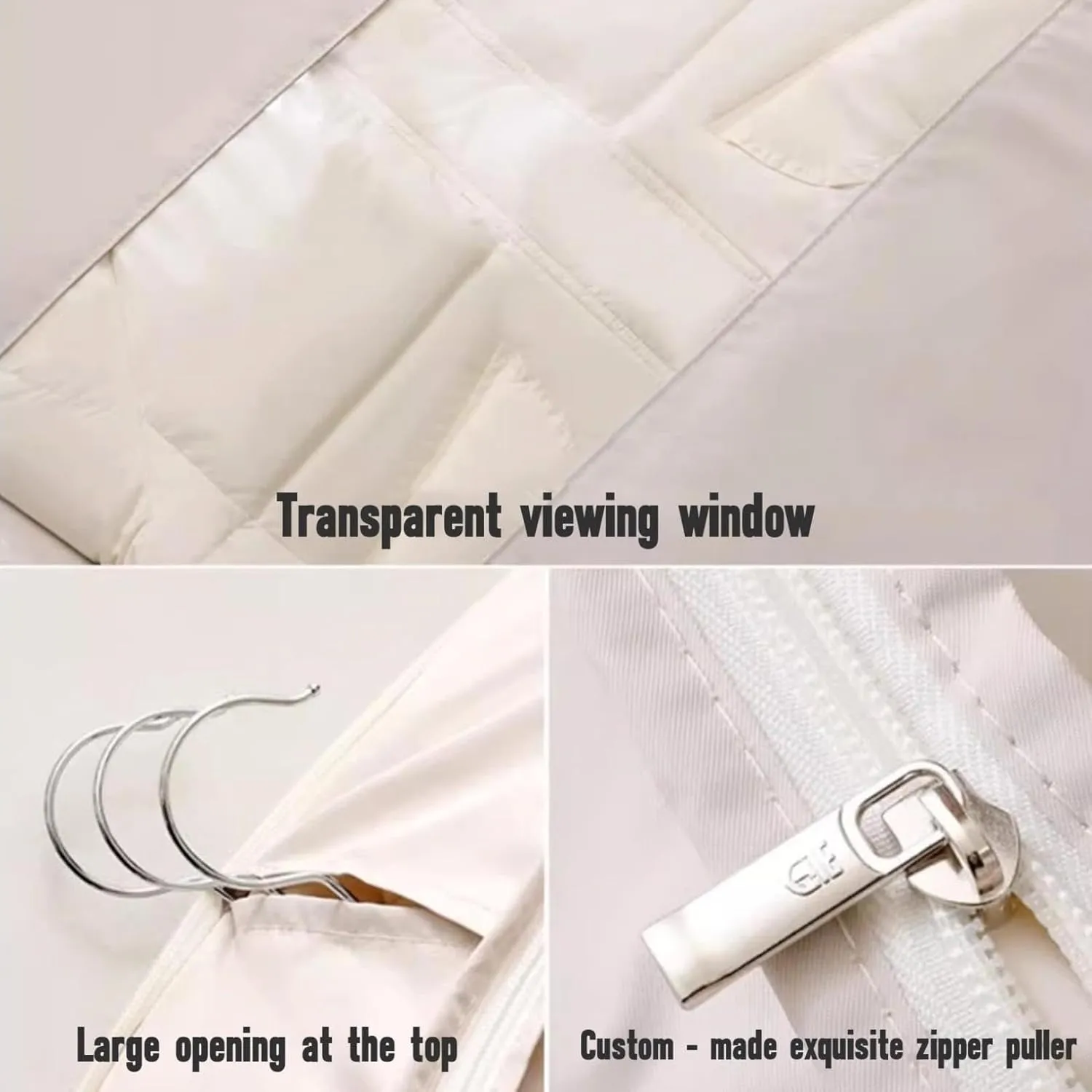 Space Saving Hanging Garment Bag with Self Compression Zipper, Space Saving Hanging Protector for Down Coat, Down Coat Compression Cover for Closet Storage (Beige, 90X58X15cm)