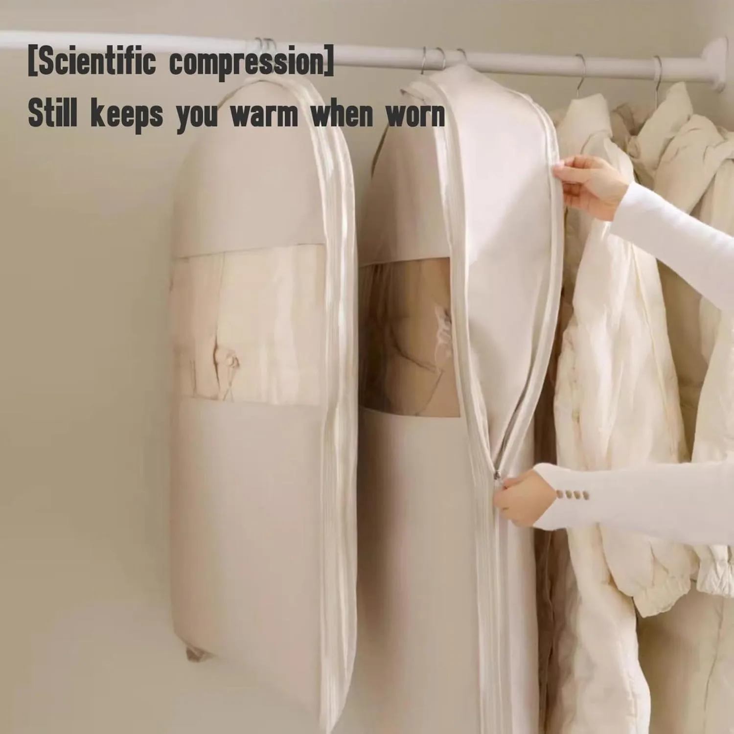 Space Saving Hanging Garment Bag with Self Compression Zipper, Space Saving Hanging Protector for Down Coat, Down Coat Compression Cover for Closet Storage (Beige, 90X58X15cm)