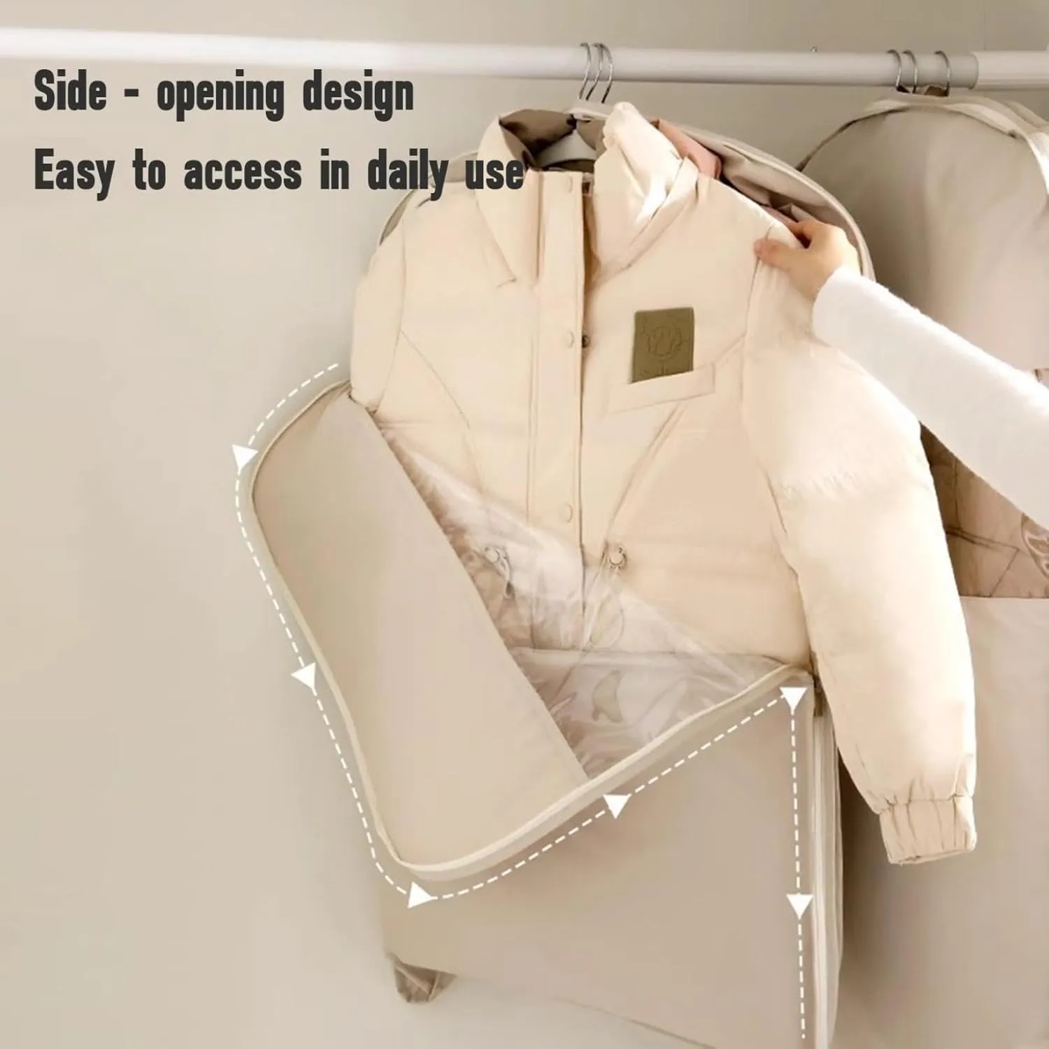 Space Saving Hanging Garment Bag with Self Compression Zipper, Space Saving Hanging Protector for Down Coat, Down Coat Compression Cover for Closet Storage (Beige, 90X58X15cm)