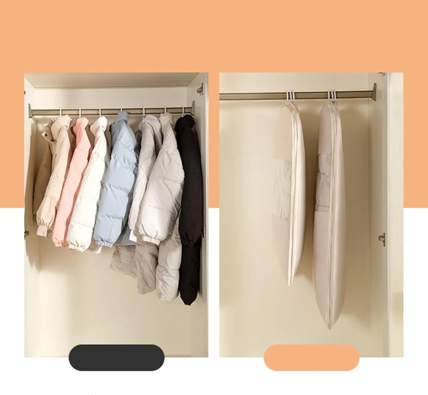 Space Saving Hanging Garment Bag with Self Compression Zipper, Space Saving Hanging Protector for Down Coat, Down Coat Compression Cover for Closet Storage (Beige, 90X58X15cm)