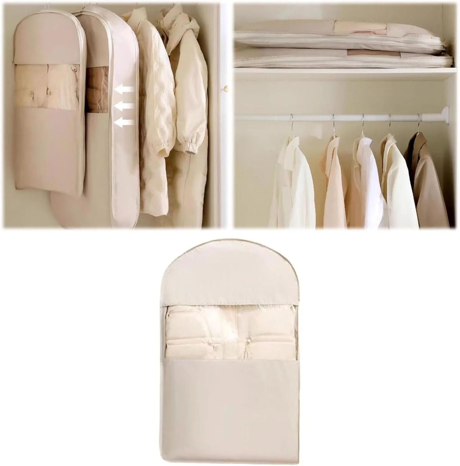 Space Saving Hanging Garment Bag with Self Compression Zipper, Space Saving Hanging Protector for Down Coat, Down Coat Compression Cover for Closet Storage (Beige, 90X58X15cm)