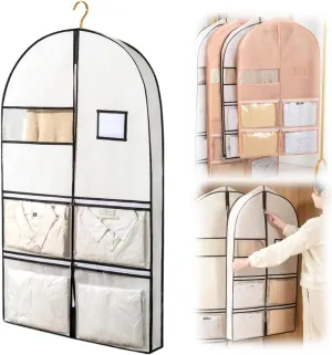 Space Saving Hanging Garment Bag with Self Compression Zipper, Space Saving Hanging Protector for Down Coat, Down Coat Compression Dust Cover for Closet Storage (White-S)