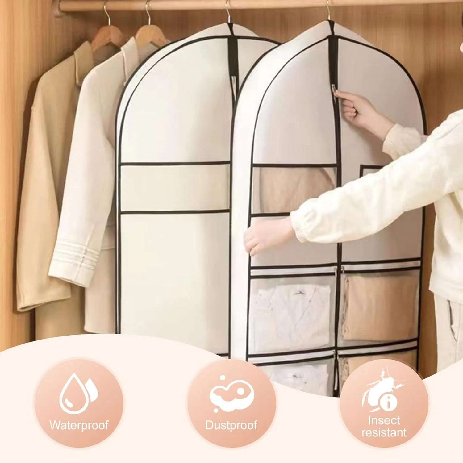 Space Saving Hanging Garment Bag with Self Compression Zipper, Space Saving Hanging Protector for Down Coat, Down Coat Compression Dust Cover for Closet Storage (White-S)