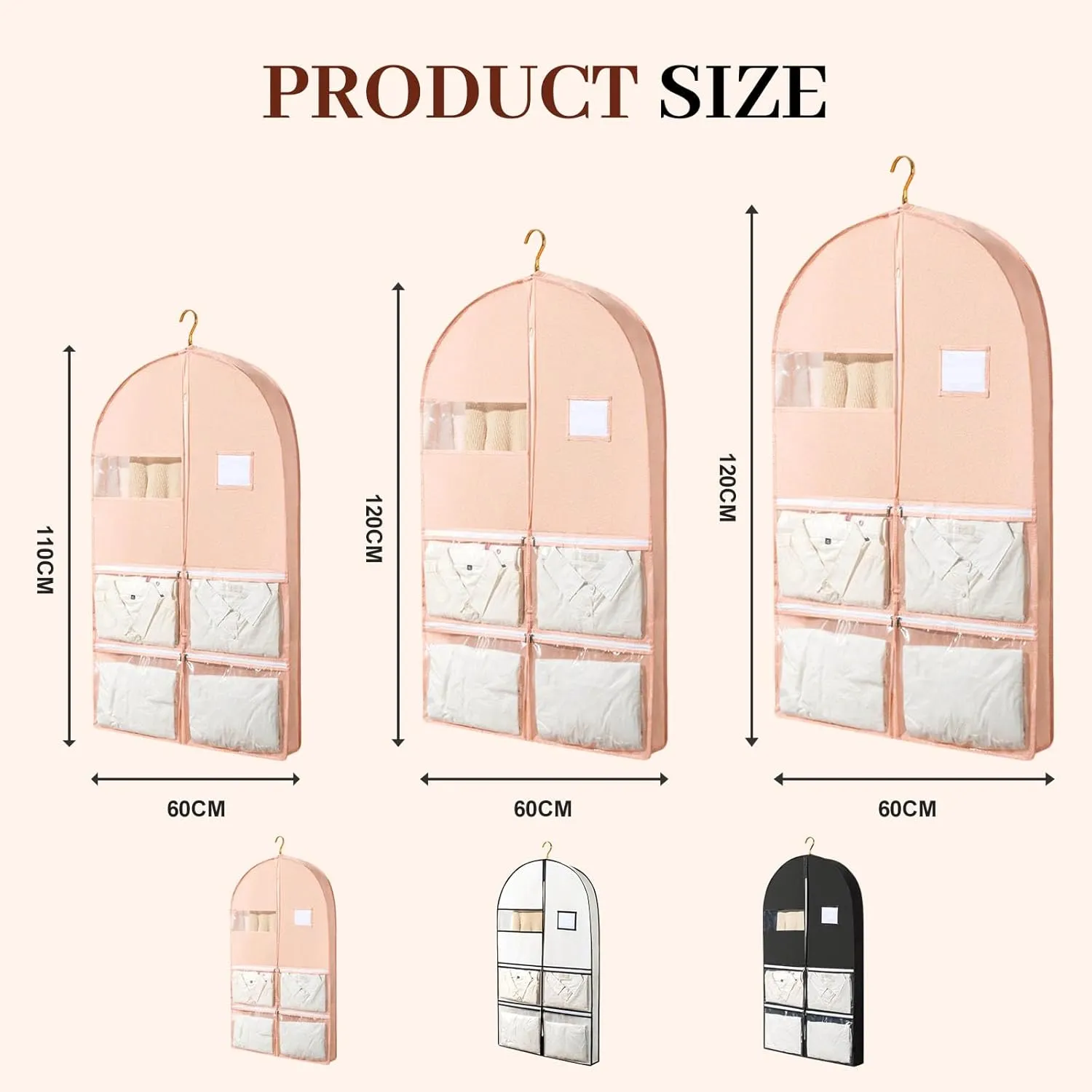 Space Saving Hanging Garment Bag with Self Compression Zipper, Space Saving Hanging Protector for Down Coat, Down Coat Compression Dust Cover for Closet Storage (White-S)