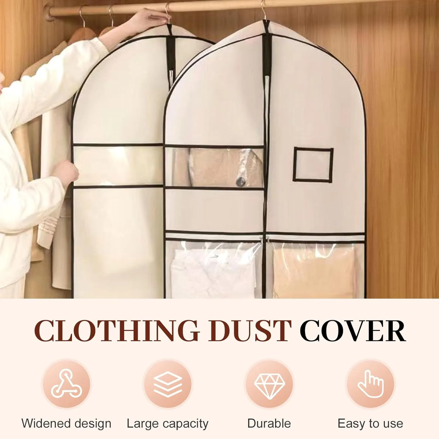 Space Saving Hanging Garment Bag with Self Compression Zipper, Space Saving Hanging Protector for Down Coat, Down Coat Compression Dust Cover for Closet Storage (White-S)