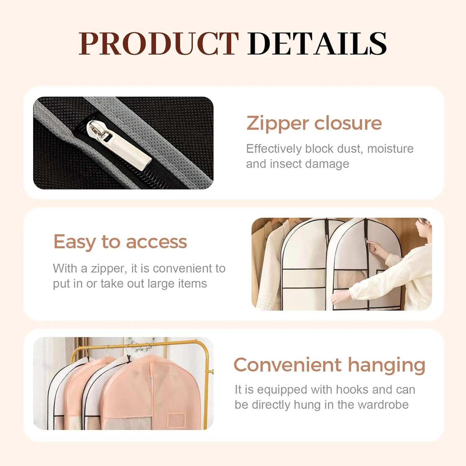 Space Saving Hanging Garment Bag with Self Compression Zipper, Space Saving Hanging Protector for Down Coat, Down Coat Compression Dust Cover for Closet Storage (White-S)