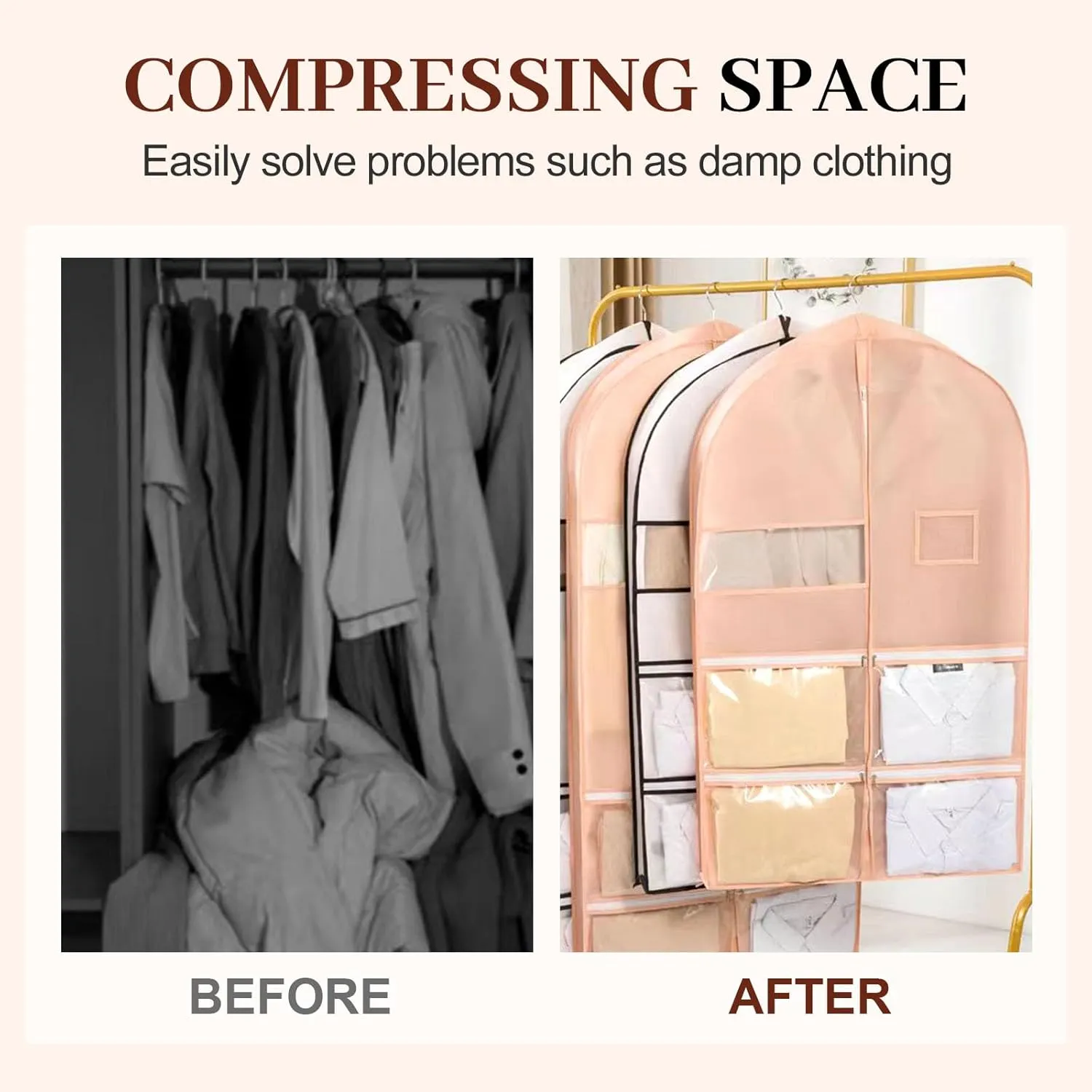 Space Saving Hanging Garment Bag with Self Compression Zipper, Space Saving Hanging Protector for Down Coat, Down Coat Compression Dust Cover for Closet Storage (White-S)