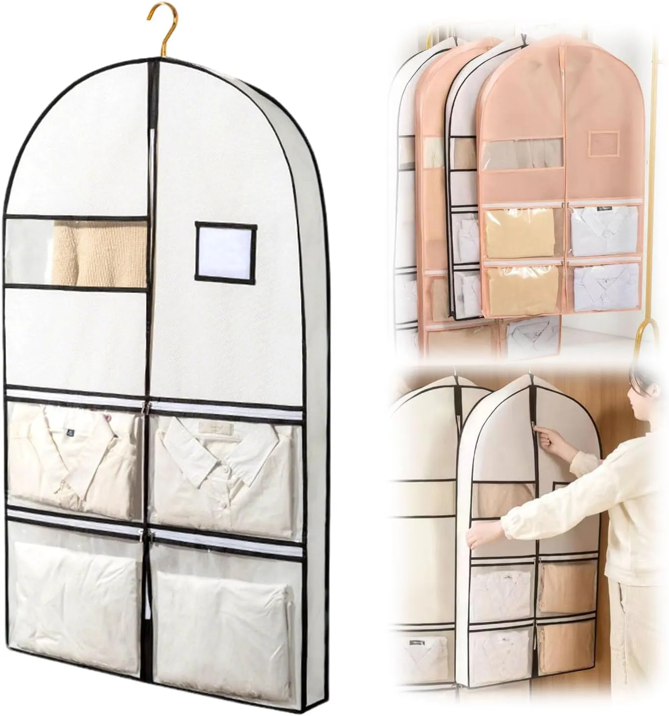 Space Saving Hanging Garment Bag with Self Compression Zipper, Space Saving Hanging Protector for Down Coat, Down Coat Compression Dust Cover for Closet Storage (White-S)