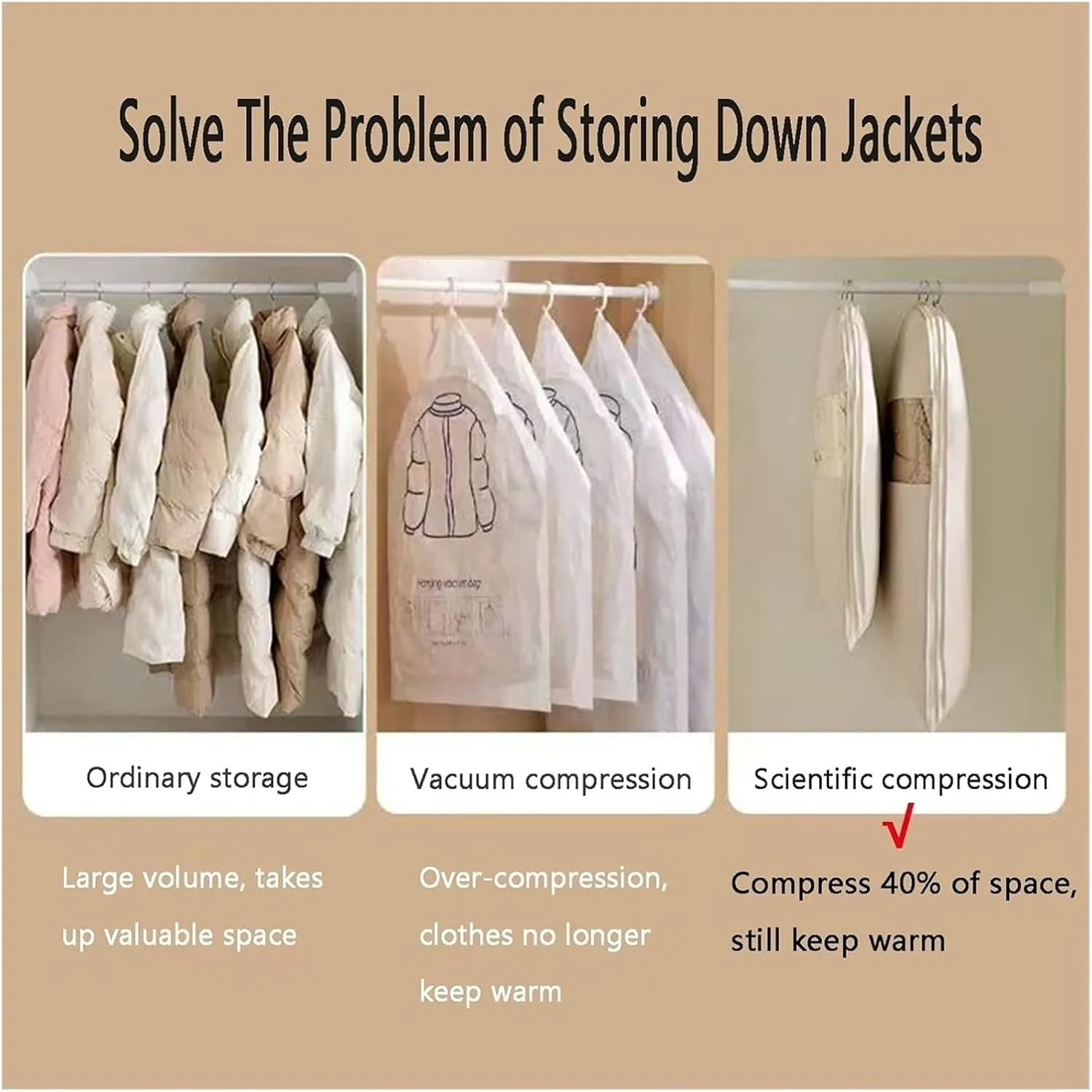 Space Saving Hanging Garment Bag with Self Compression Zipper, Space Saving Hanging Protector for Down Coat, for Closet Storage(Beige,Medium)