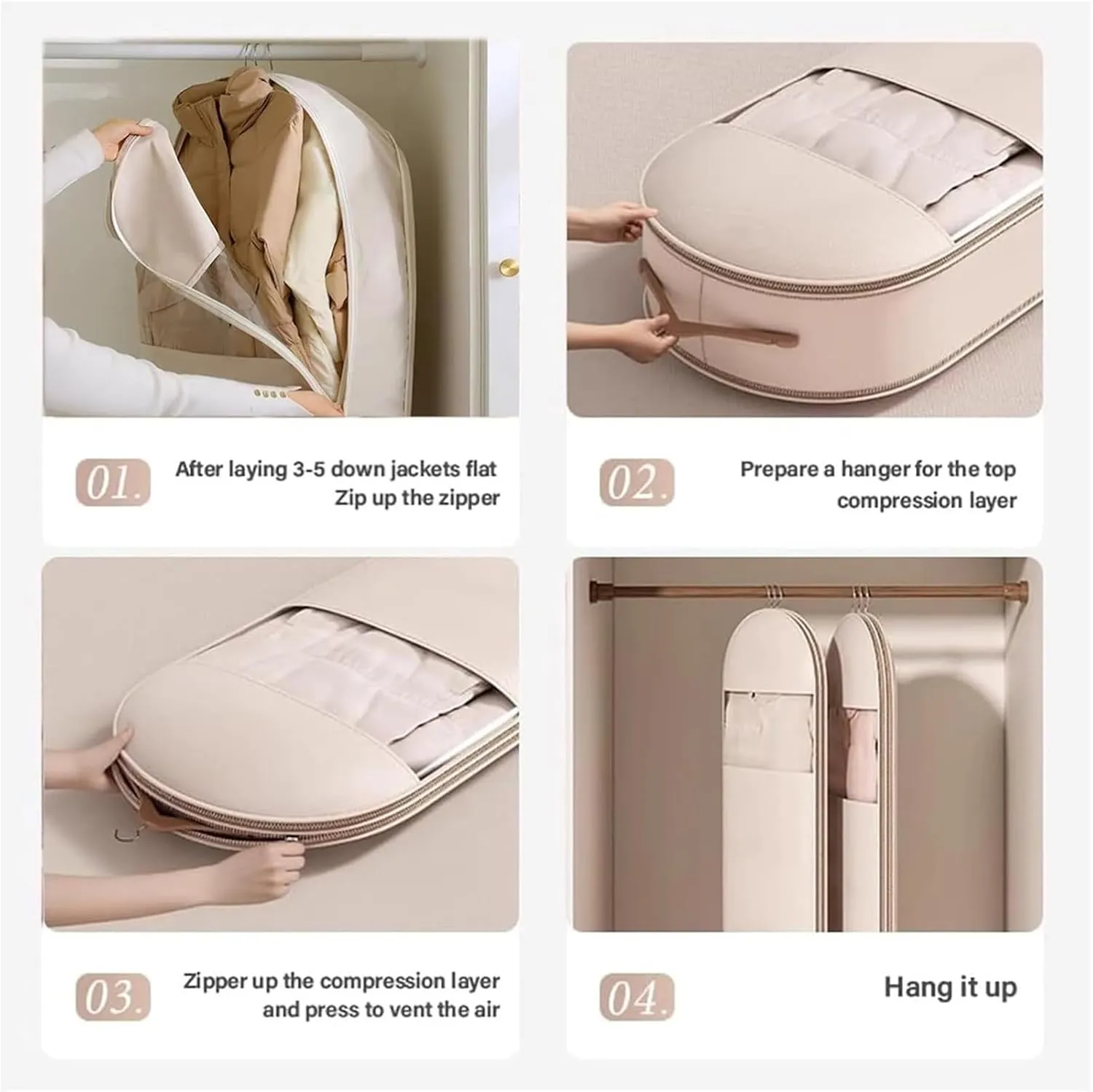 Space Saving Hanging Garment Bag with Self Compression Zipper, Space Saving Hanging Protector for Down Coat, for Closet Storage(Beige,Medium)