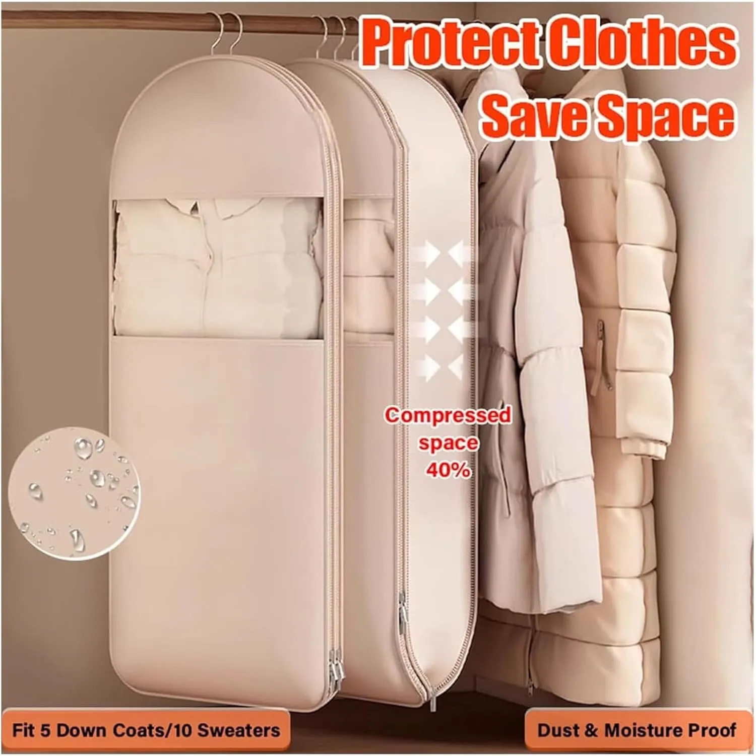 Space Saving Hanging Garment Bag with Self Compression Zipper, Space Saving Hanging Protector for Down Coat, for Closet Storage(Beige,Medium)