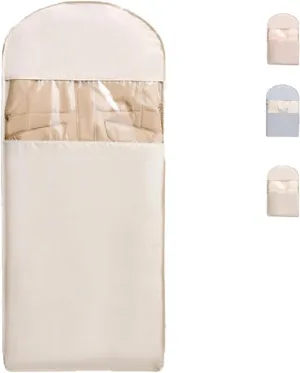 Space Saving Hanging Garment Bag with Self Compression Zipper, Space Saving Hanging Protector for Down Coat, for Closet Storage(Beige,Medium)