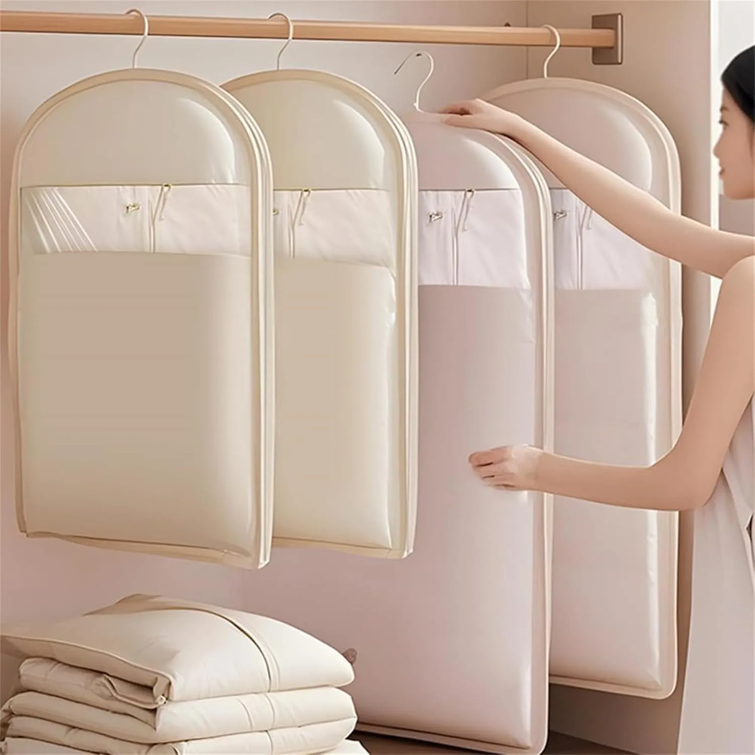 Space Saving Hanging Garment Bag with Self Compression Zipper, Space Saving Hanging Protector, Garment Bags for Hanging Clothes, Coats, Jackets, Down Coat,Shirts (Beige,Large)