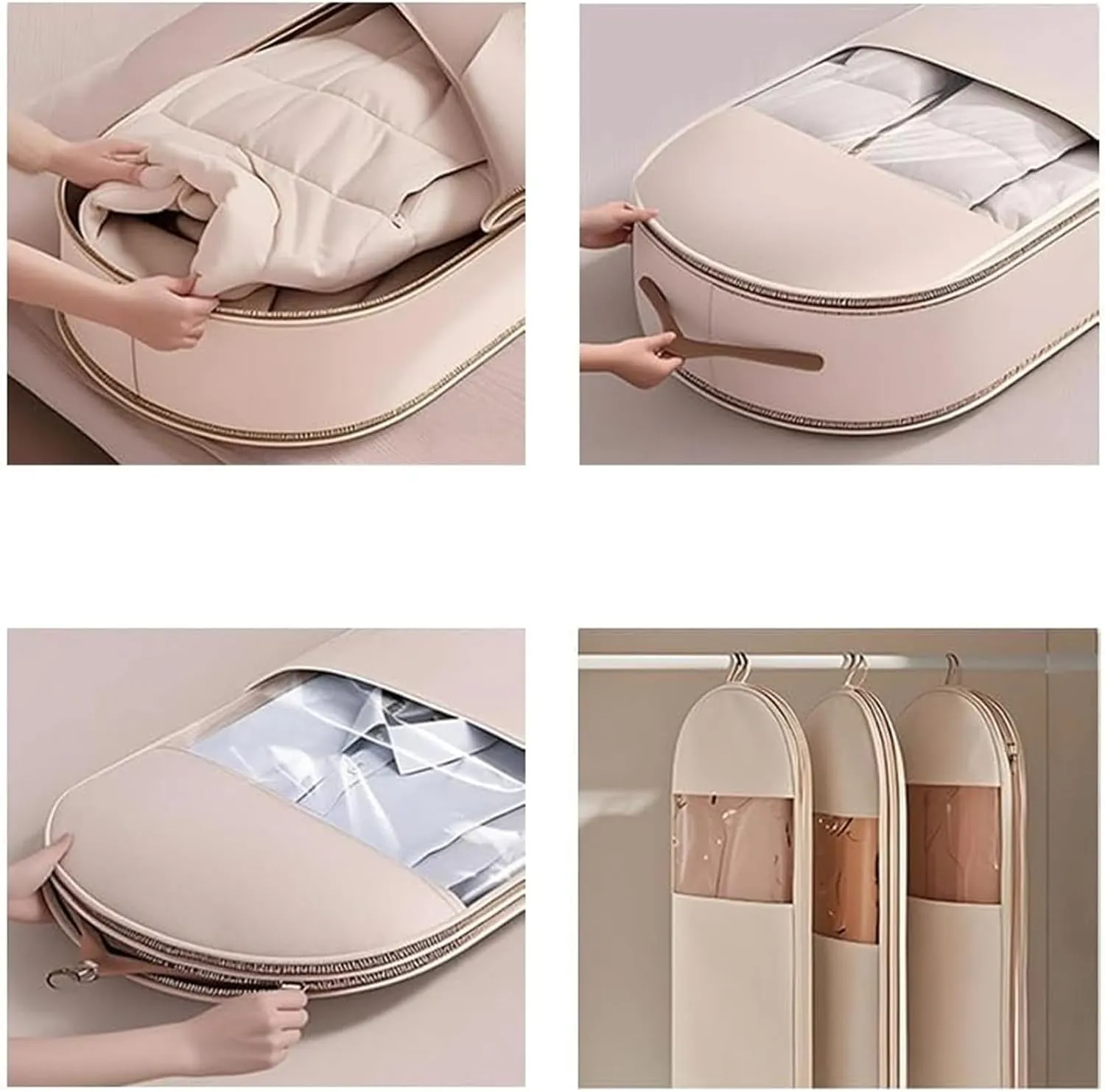 Space Saving Hanging Garment Bag with Self Compression Zipper, Space Saving Hanging Protector, Garment Bags for Hanging Clothes, Coats, Jackets, Down Coat,Shirts (Beige,Large)