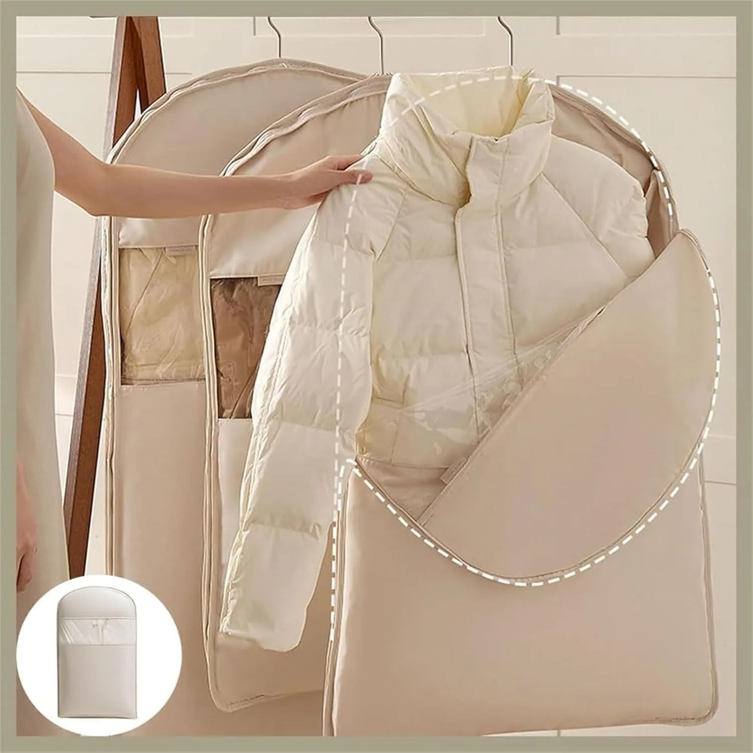 Space Saving Hanging Garment Bag with Self Compression Zipper, Space Saving Hanging Protector, Garment Bags for Hanging Clothes, Coats, Jackets, Down Coat,Shirts (Beige,Large)
