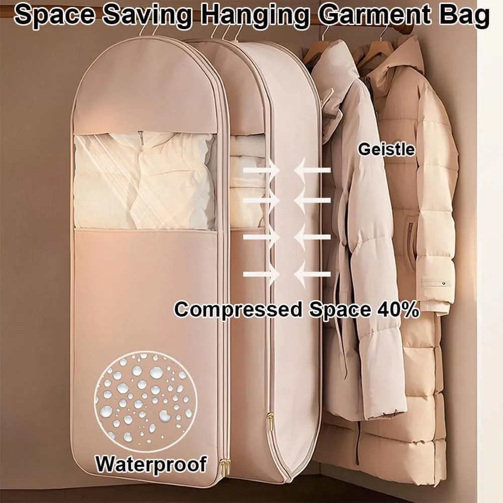 Space Saving Hanging Garment Bag with Self Compression Zipper, Winter Coat Storage, Heavy Duty Garment Bag for Down Coat, Space Saving Hanging Garment (Beige, XL)
