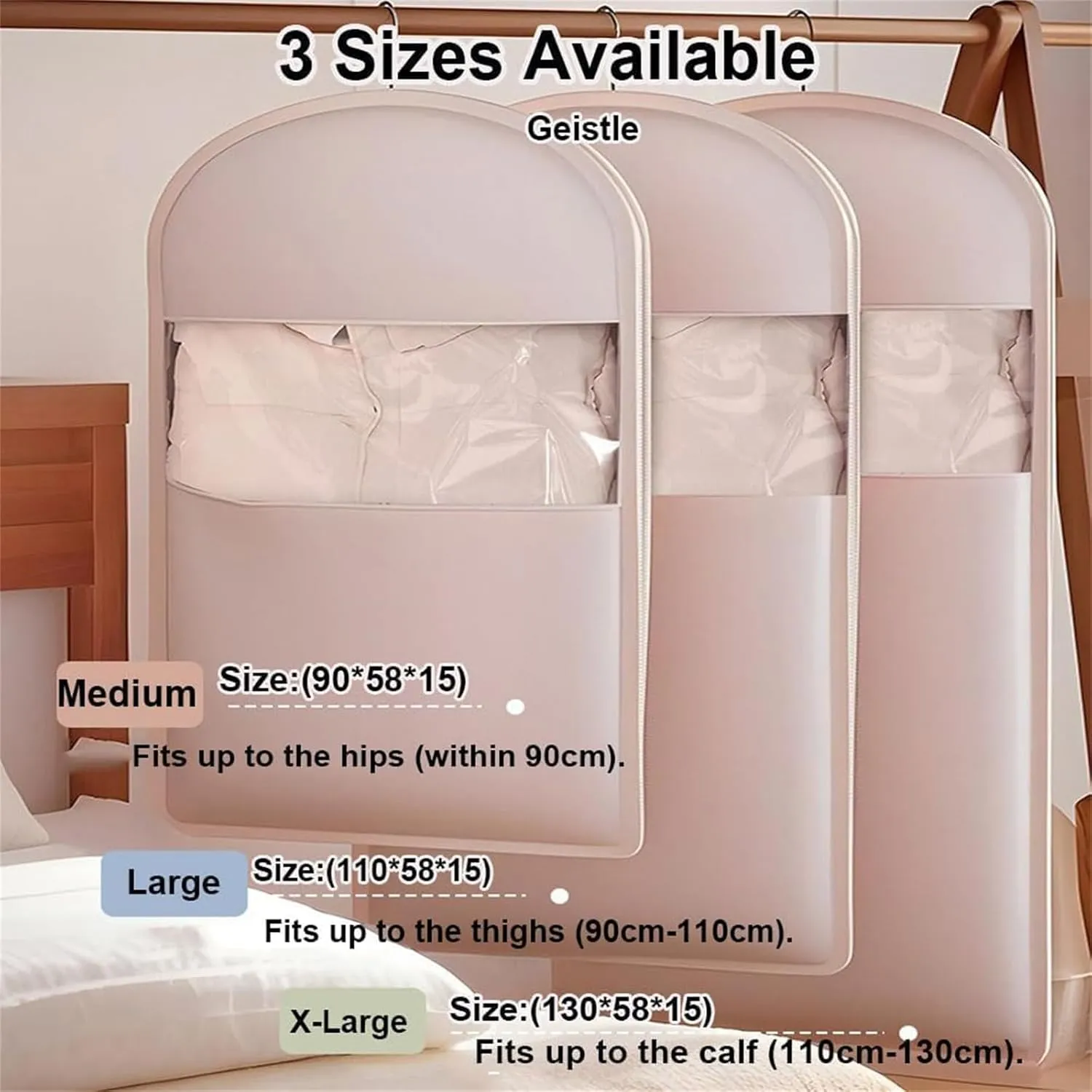 Space Saving Hanging Garment Bag With Self Compression Zipper,2025 New Space Saving Hanging Protector,Dust Cover Clothes Bags For Down Coat For Closet Storage (Beige, L)