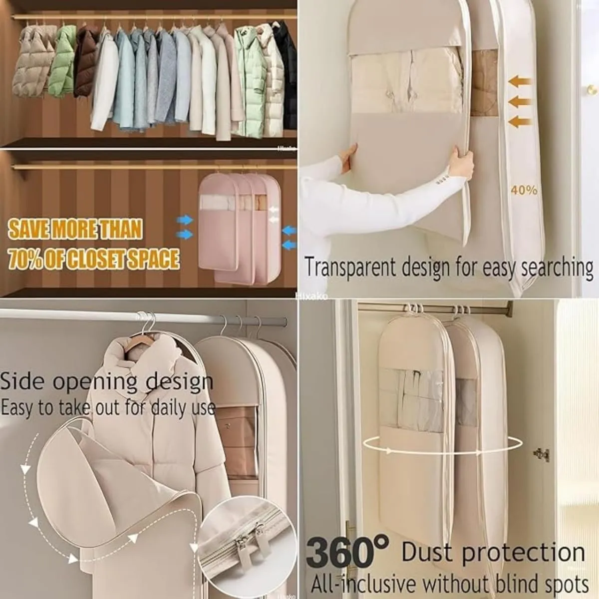 Space Saving Hanging Garment Bag with Self Compression Zipper2025 New Space Saving Hanging ProtectorWinter Coat Storage (Beige,X-Large)