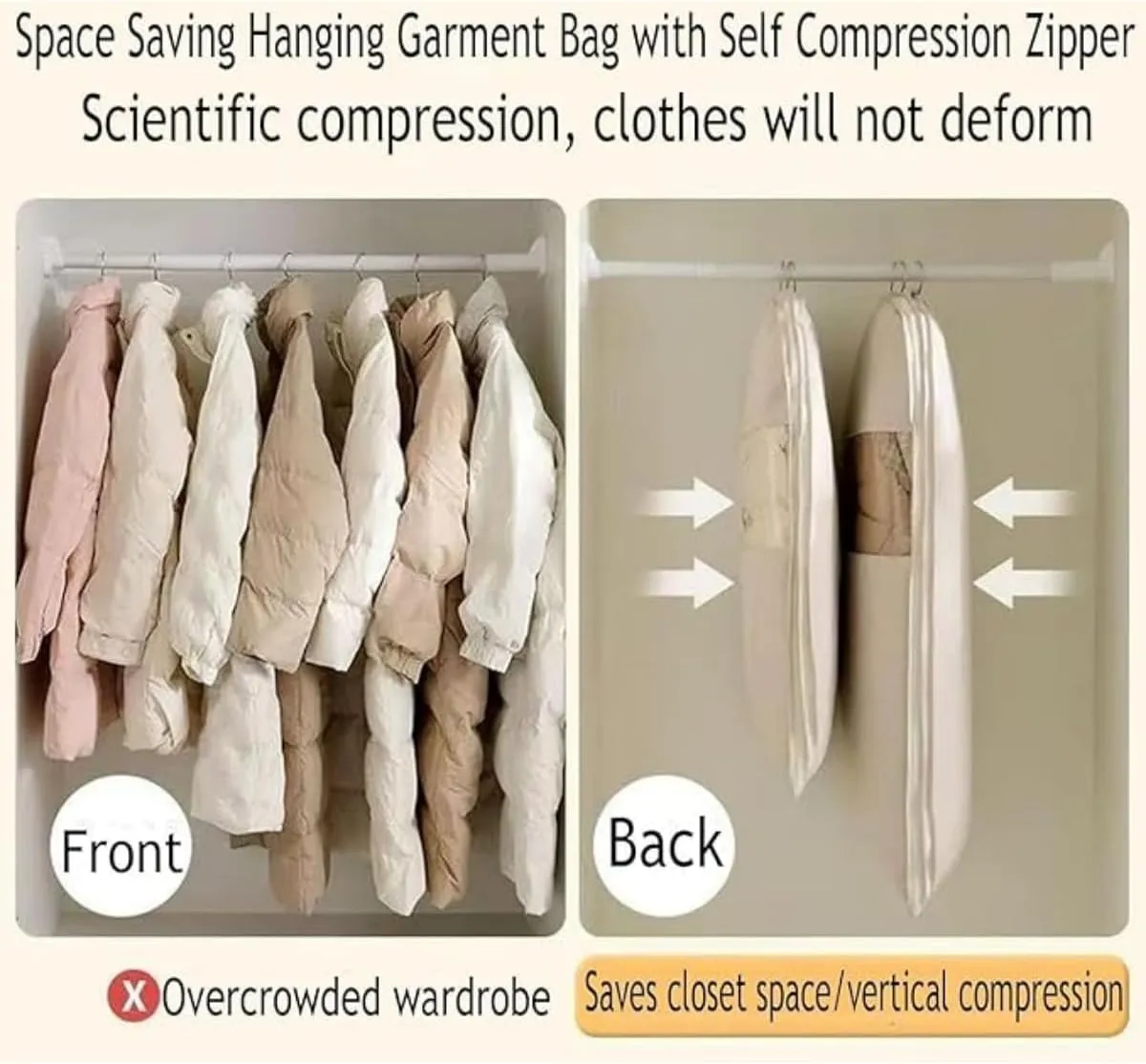 Space Saving Hanging Garment Bag with Self Compression Zipper2025 New Space Saving Hanging ProtectorWinter Coat Storage (Beige,X-Large)