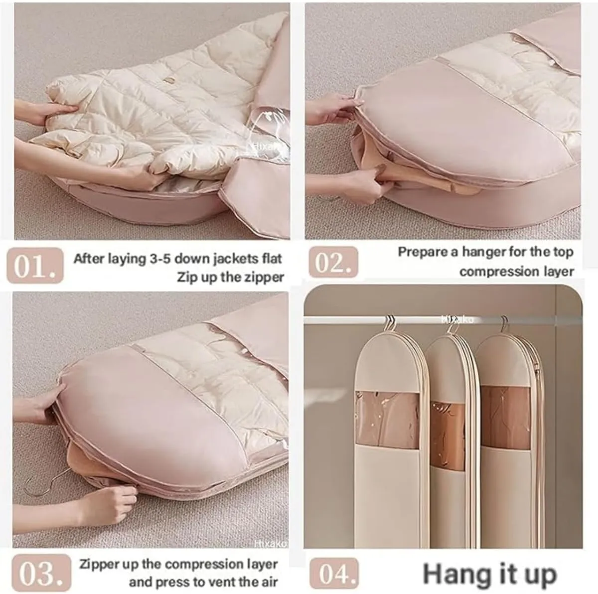 Space Saving Hanging Garment Bag with Self Compression Zipper2025 New Space Saving Hanging ProtectorWinter Coat Storage (Beige,X-Large)