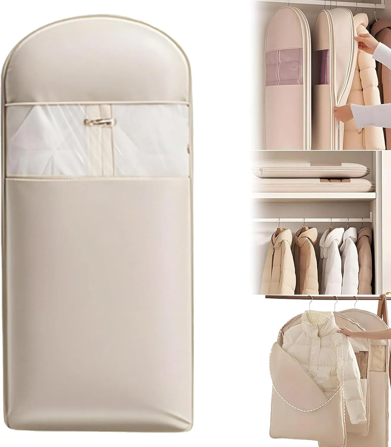 Space Saving Hanging Garment Bag With Self Compression Zipper,Dust Cover Clothes Bags For Down Coat,Ultra Space Saving Hanging Garment Bags For Closet Storage (White,M)