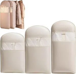 Space Saving Hanging Garment Bag with Self Compression Zipper,Space Saving Garment Bags,Dust Cover Clothes Organizers for Down Coat Closet Storage (Beige, 3PCS)