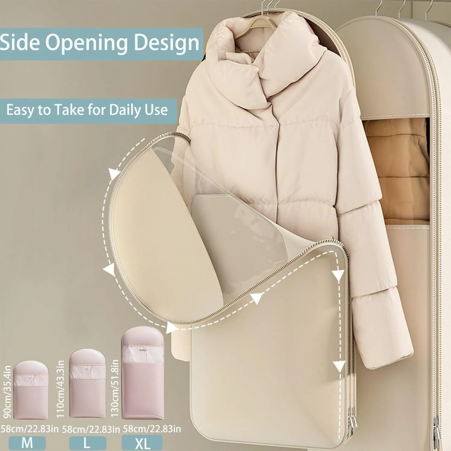 Space Saving Hanging Garment Bag with Self Compression Zipper,Space Saving Garment Bags,Dust Cover Clothes Organizers for Down Coat Closet Storage (Beige, 3PCS)