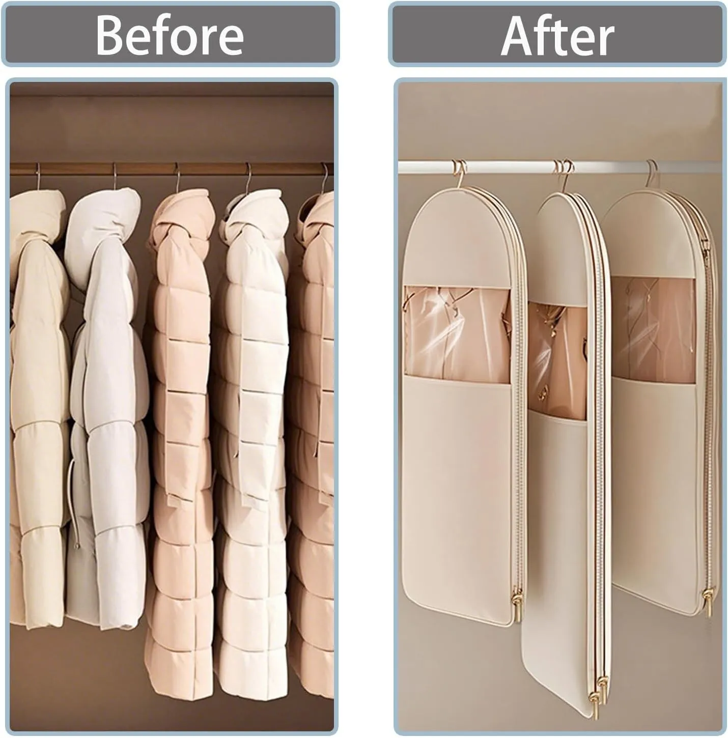 Space Saving Hanging Garment Bag with Self Compression Zipper,Space Saving Garment Bags,Dust Cover Clothes Organizers for Down Coat Closet Storage (Beige, 3PCS)