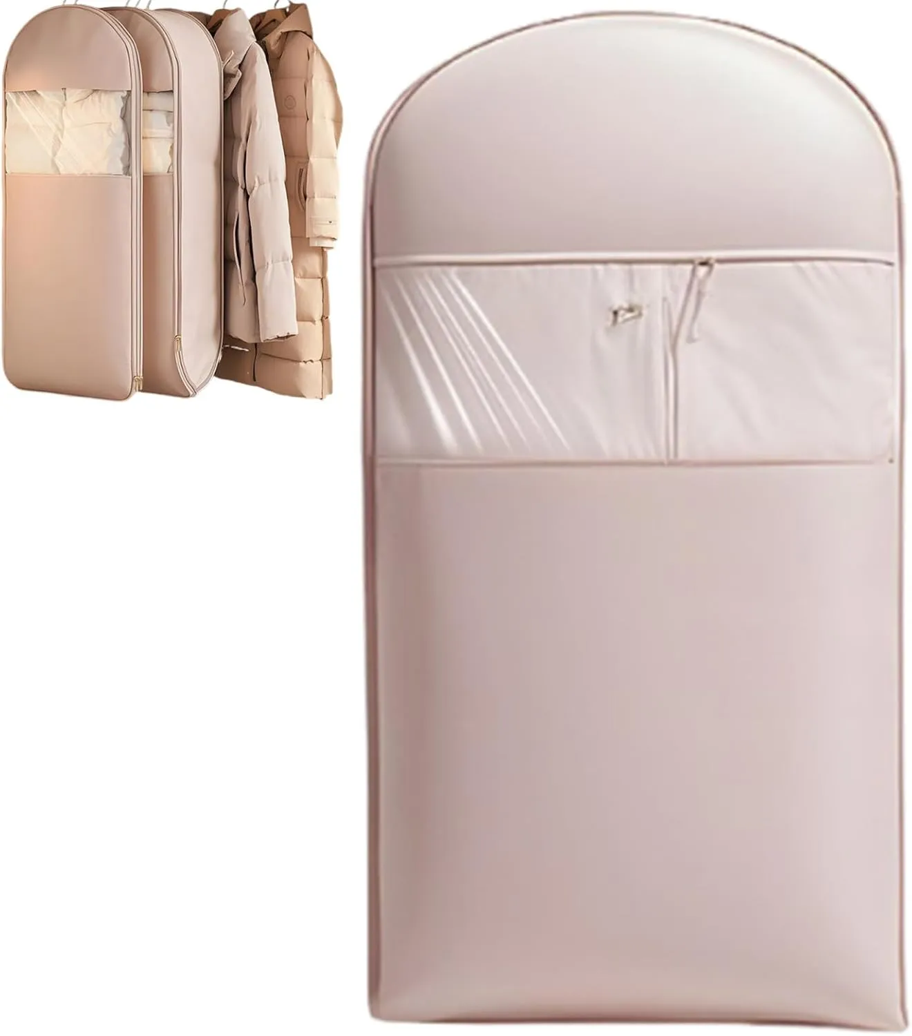 Space Saving Hanging Garment Bag with Self Compression Zipper,Space Saving Garment Bags,Dust Cover Clothes Organizers for Down Coat Closet Storage (Pink, Large)